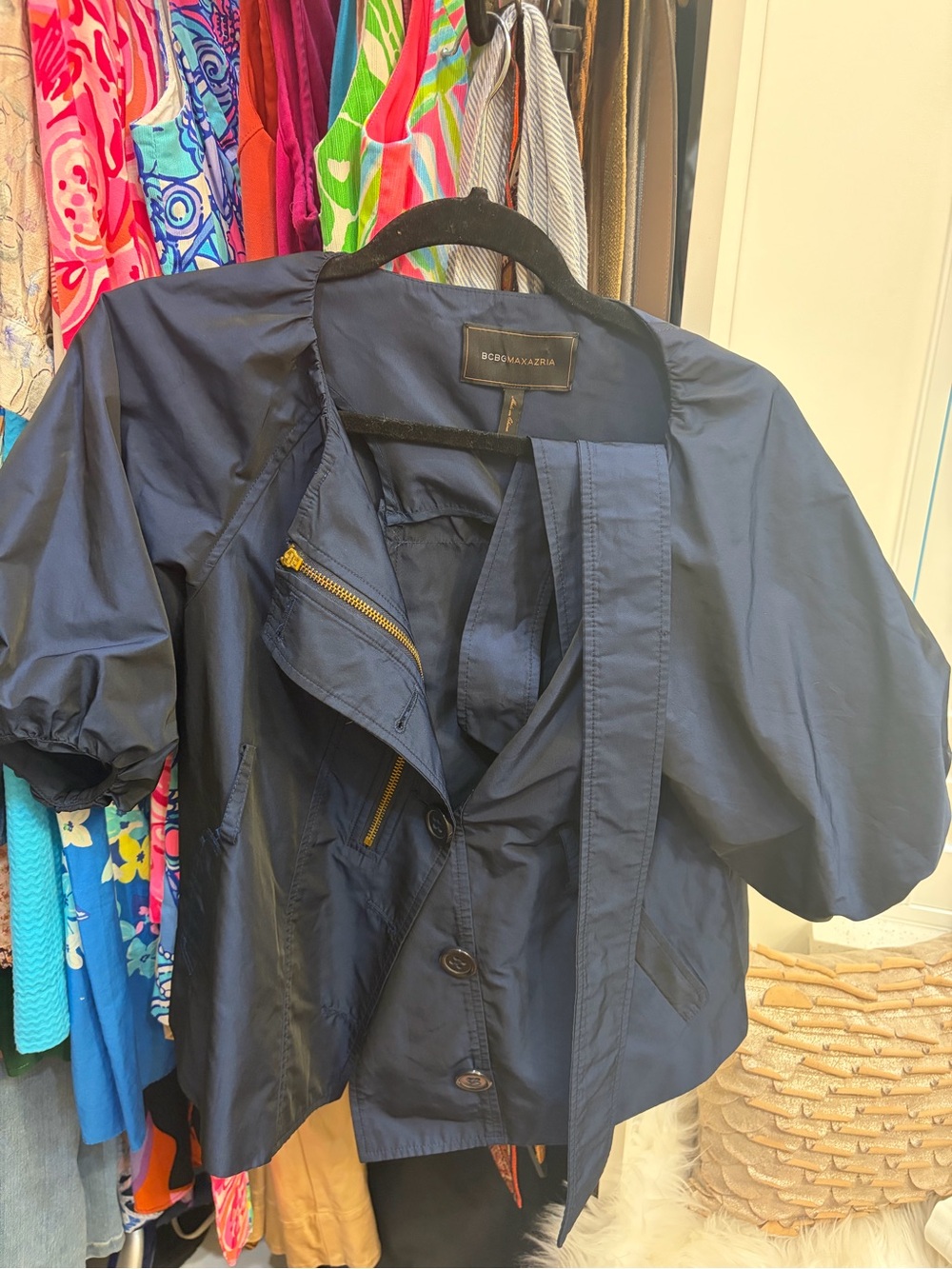 BCBGMaxAzria Navy Short Puff-Sleeve Lightweight Jacket